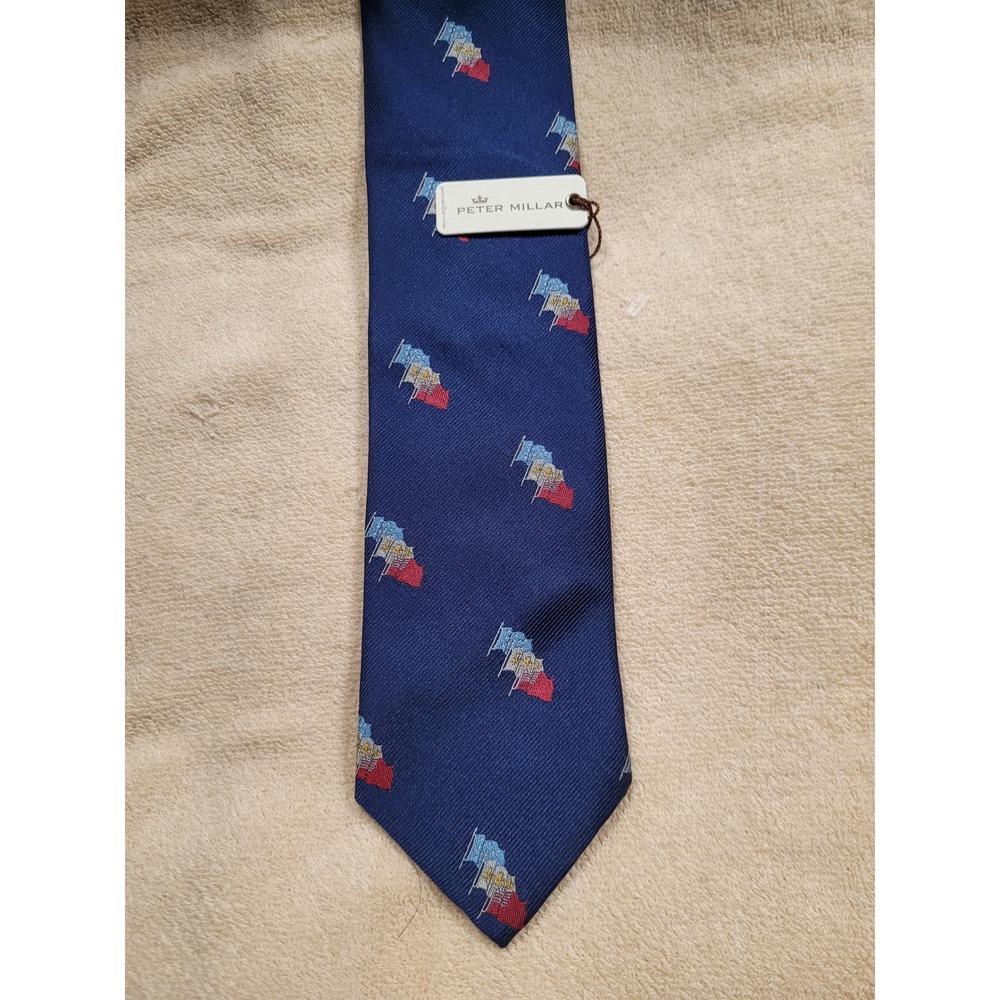 Peter Millar Mens 100% Silk Tie Navy Blue Textured Nautical Flag Pattern NWT